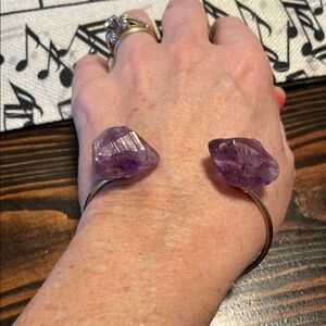 Vintage Two Real Chunks Purple Amethyst Gold Tone Adjustable Wire Bracelet
